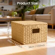 Natural Paper Rope Storage Baskets Set With Lids Woven Hamper & Organiser Box For Home Office Shelves Rustic Decorative Storage Baskets Portable Storage Baskets With Handles - Wood Color - View 2