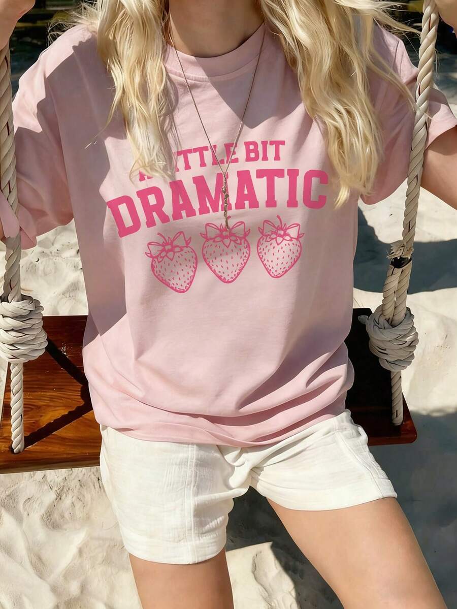 1pc Girls Casual Strawberry Print Round Neck Short Sleeve T-Shirt, Summer Student Young Children Clothing - Pink - View 1