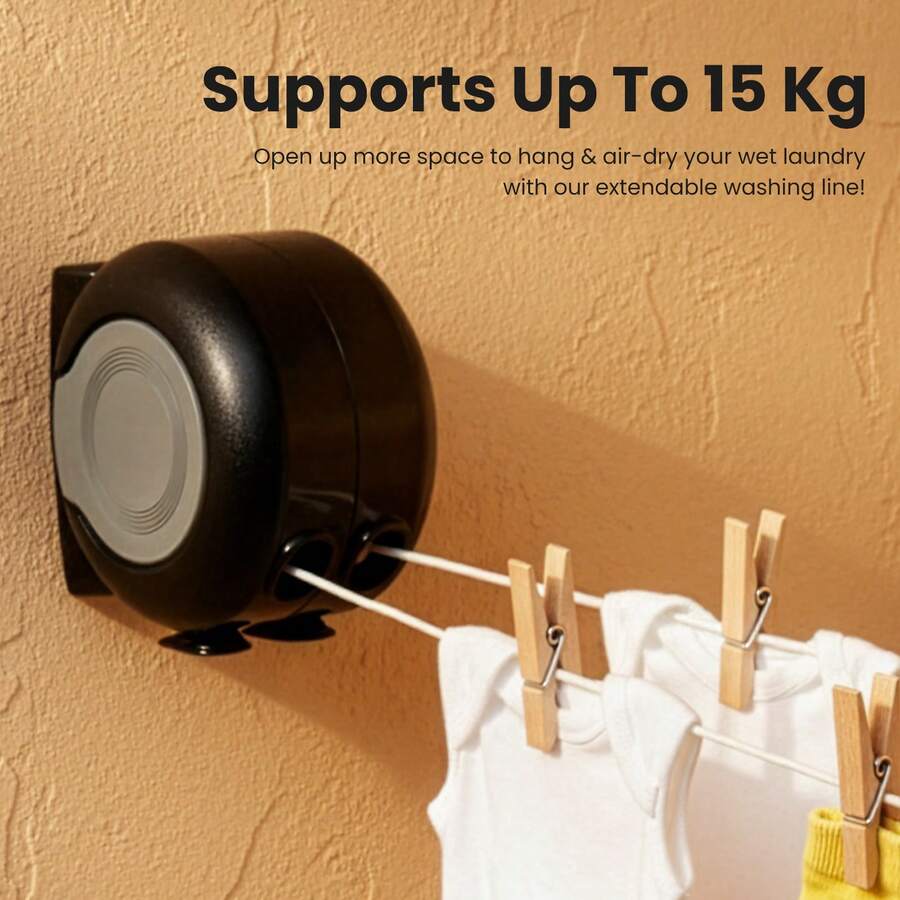 Retractable Double Clothesline, Wall-Mounted Twin Cable Drying Rack Extending Up To 2x15m (50ft), PVC-Coated Steel Wire, Holds Up To 15kg, Indoor & Outdoor For Balcony - Black - View 1