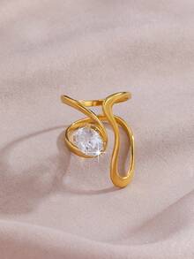 1枚时尚奢华不锈钢不对称几何立方氧化锆戒指，适合日常佩戴、派对、生日、订婚等场合。 - 金色 - 查看 2