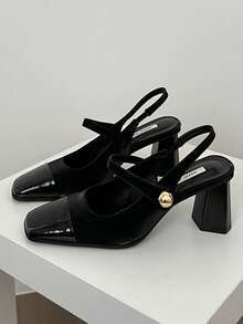 Teenage Girls' Square Toe Shallow Mary Jane Shoes, Hook And Loop Strap, Retro Chunky Heel Shoes, Fairy Style - Black - View 5