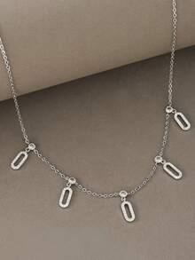 1pc Silver-Tone Necklace, Versatile Copper Cubic Zirconia Necklace, Suitable For Dates, Parties, Gifts, Daily Wear - Silver - View 7