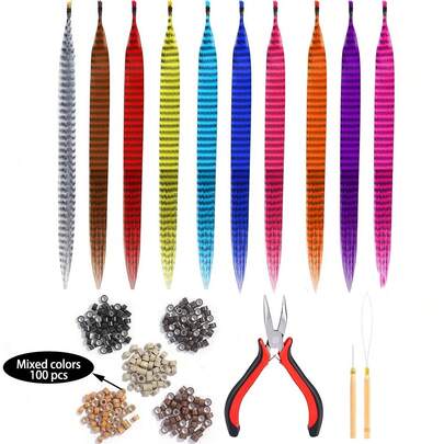 女士彩色羽毛发饰套装：包含多种颜色的长直人造羽毛、硅胶内衬微环、钩子和延长钳，适合角色扮演爱好者。