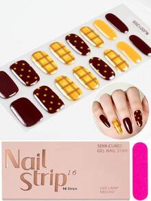 16片复古花卉格子凝胶美甲贴,需配合UV灯使用,持久自粘,甜美秋冬纯色美甲贴纸,适合女性、女孩日常派对DIY美甲 - 彩色 - 查看 11