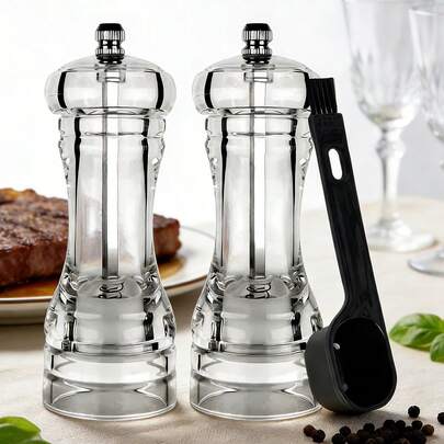 2件套可调节亚克力胡椒研磨器套装，配二合一清洁刷，适用于胡椒、孜然、海盐、干辣椒等，是家庭、餐厅、户外露营厨房的理想工具。