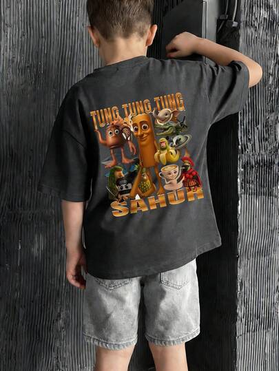 1pc Boys' Casual Printed Round Neck Short Sleeve T-Shirt, Summer Student Youth Clothing - The T-Shirt With Shan Hai Jing Print Brings Joy And Happiness To Every Child! TUNG TUNG TUNG SAHUR