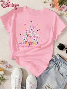 Disney T-Shirt,Disney Ladies T-Shirt Featuring Classic Disney Castle Lettered Patterns, Made Of Soft, Comfortable And Durable Fabric. A Spring/Summer Round-Neck Short-Sleeved T-Shirt, Suitable For Daily Wear, Shopping, Traveling And Party Outfits. Also A Wonderful Gift,Multiple Colors Are Available For Selection. - 粉色 - 查看 1