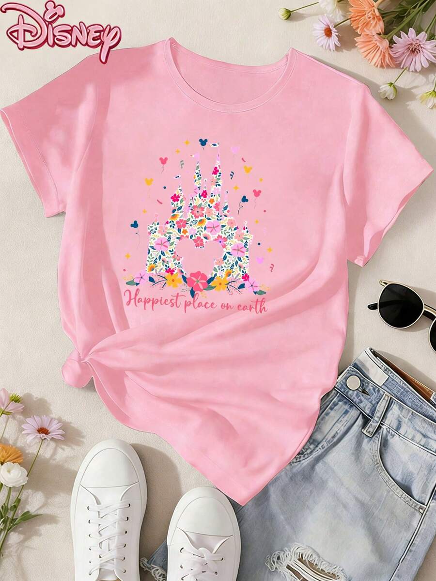 Disney T-Shirt,Disney Ladies T-Shirt Featuring Classic Disney Castle Lettered Patterns, Made Of Soft, Comfortable And Durable Fabric. A Spring/Summer Round-Neck Short-Sleeved T-Shirt, Suitable For Daily Wear, Shopping, Traveling And Party Outfits. Also A Wonderful Gift,Multiple Colors Are Available For Selection. - 粉色 - 查看 1