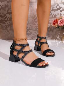 Women's New Chunky Heel Square Toe Rhinestone Strap High Heels, Elegant Sexy Open Toe, Soft Bottom Non-Slip, Versatile Daily Commute Comfortable Pumps - Black - View 6