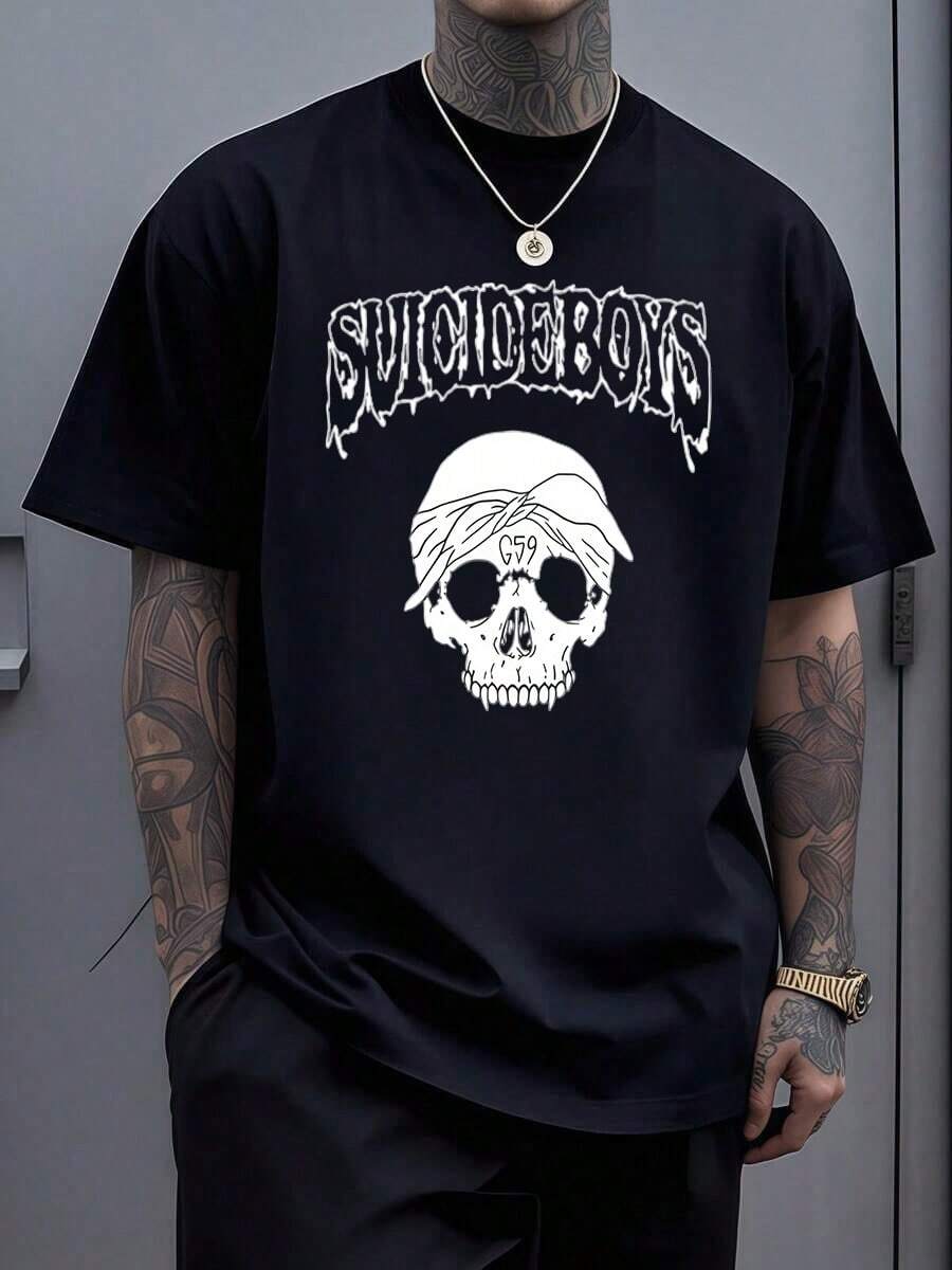 Suicideboy Era Tour Graphics Print T-Shirts For Men Harajuku Hip Hop Rock Style T Shirts Unisex Fashion Oversized Street T Shirt Tee Comfortable Comfortable Streetwear,Suicideboy Skeleton Graphic 100% Cotton Print T-Shirt,Halloween Funny Graphic, Sports Leisure Tee,Soft Cotton - 黑色 - 查看 1