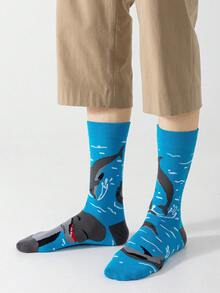 1双男士蓝鲸鲨鱼图案艺术设计精梳棉休闲中筒袜，适合旅行、居家、办公、节日礼物 - 彩色 - 查看 7