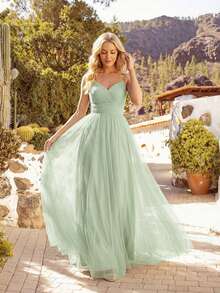 EVERPRETTY Elegant Green Chiffon Dress, Crossover Straps, Lace Back Sheer Fabric, Suitable For Wedding Guest, Formal Dinner, Birthday Party And Other Occasions - Mint Green - View 10