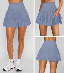 Women's Mini Skirt Skort Flowy Pleated High Waisted Ruffle Tennis Skirts For Women Athletic Skater Golf With Shorts Pockets - 藍色 - 查看 2