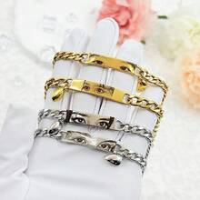 2pcs Customized Engraved Eye Design Stainless Steel Couple Bracelets, Laser Engraved DIY Couple Bracelet Gift - 2 Gold Items - View 3