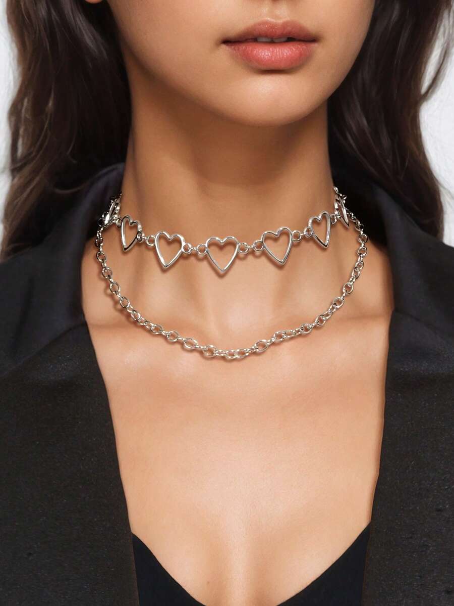 2件套街头镂空心形银色多层粗链项链套装，适合派对、日常社交聚会佩戴 - 銀色 - 查看 1