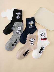 5 Pasang Kaos Kaki Wanita Motif Ekspresi Anak Anjing Kartun Seri SNOOPY Asli Setinggi Betis - MultiWarna - View 4