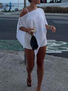 Off The Shoulder Tops For Women Short Sleeve  T Shirts Loose Batwing Summer Going Out Oversized Blouse Tunic - 白色 - 查看 6