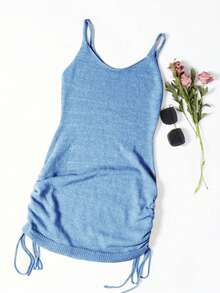 Summer Casual Solid Color Side Drawstring Camisole Knit Dress - Blue - View 3