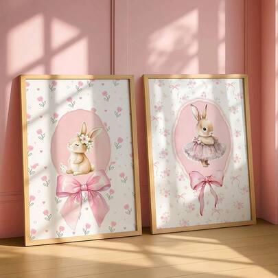 1/2pcs Pink Bunny Ballerina Wall Art Picture Cute Floral Rabbit Prints Canvas Paintings Baby Girl Nursery Poster Bow & Flower Decor For Kids Bedroom Playroom Room Decor Gift For Her Unframed