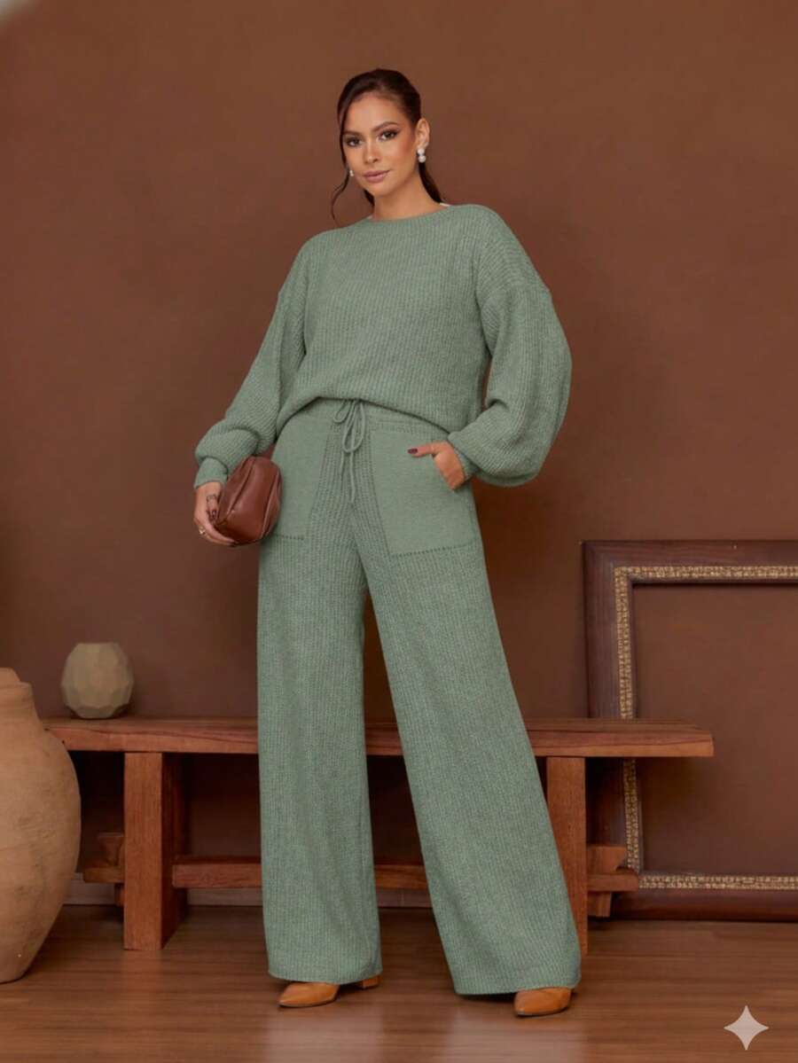 Women's Long-Sleeved Mousse Knit Set, Women's Winter Clothing, Tailored Pants - 綠色 - 查看 1