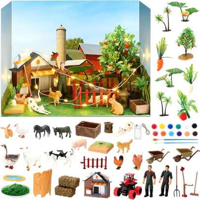 Leinuosen 62 Pcs Diorama Kit Diorama Supplies Include Animals Figures Model Fake Tree Rocks Light Watercolor Painting Set With Gift Box For Adult Birthday Party Favor DIY Crafts(Farm Style)
