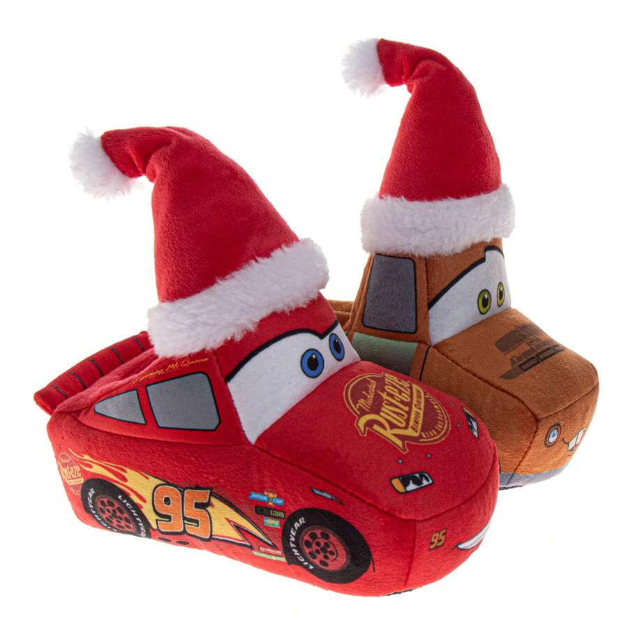 Disney Cars Christmas Slippers Boys' Lightning McQueen Mater Cozy Warm Holiday Theme Soft Plush Indoor Wear (Toddler Sizes 5-10, Little Kid Sizes 11-1) - Đỏ - Xem 1