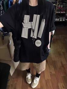 Spring/Summer New Women Niche Design Letter Print Casual Round Neck Versatile Teenage Short Sleeve T-Shirt - Black - View 2