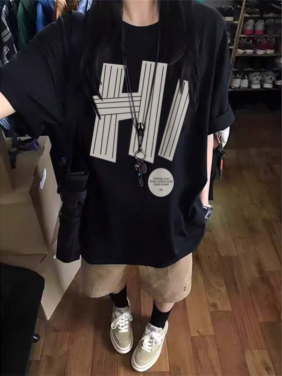 春夏新款女士小众设计字母印花休闲圆领百搭青少年短袖 T 恤 - 黑色 - 查看 1