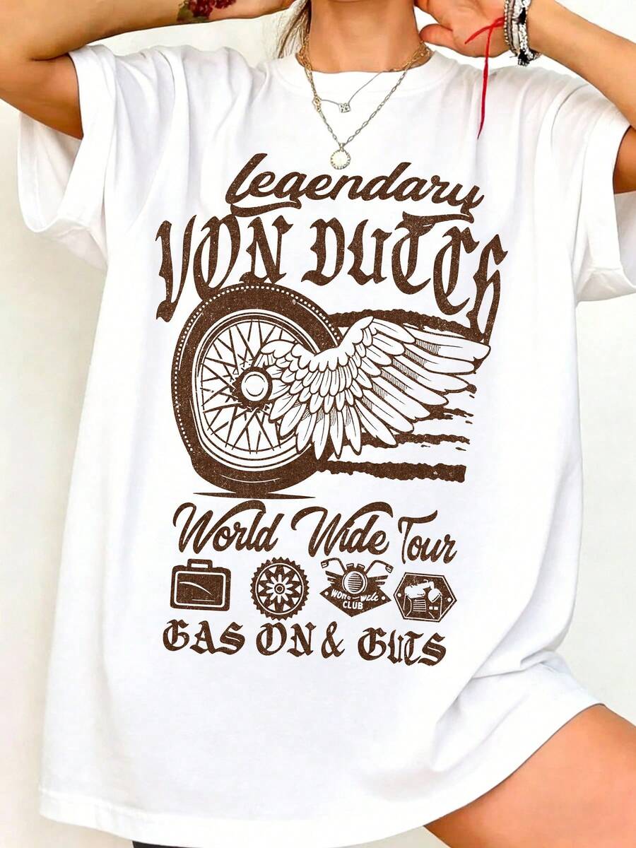 Van Dutch Legendary World Wide Tour Vintage Oversized Graphic Tee Women's Short Sleeve Pure Cotton T-Shirt Loose Fit, Biker Streetwear Retro Tour Aesthetic Baggy 100% Cotton Pullover Gift - 白色 - 查看 1