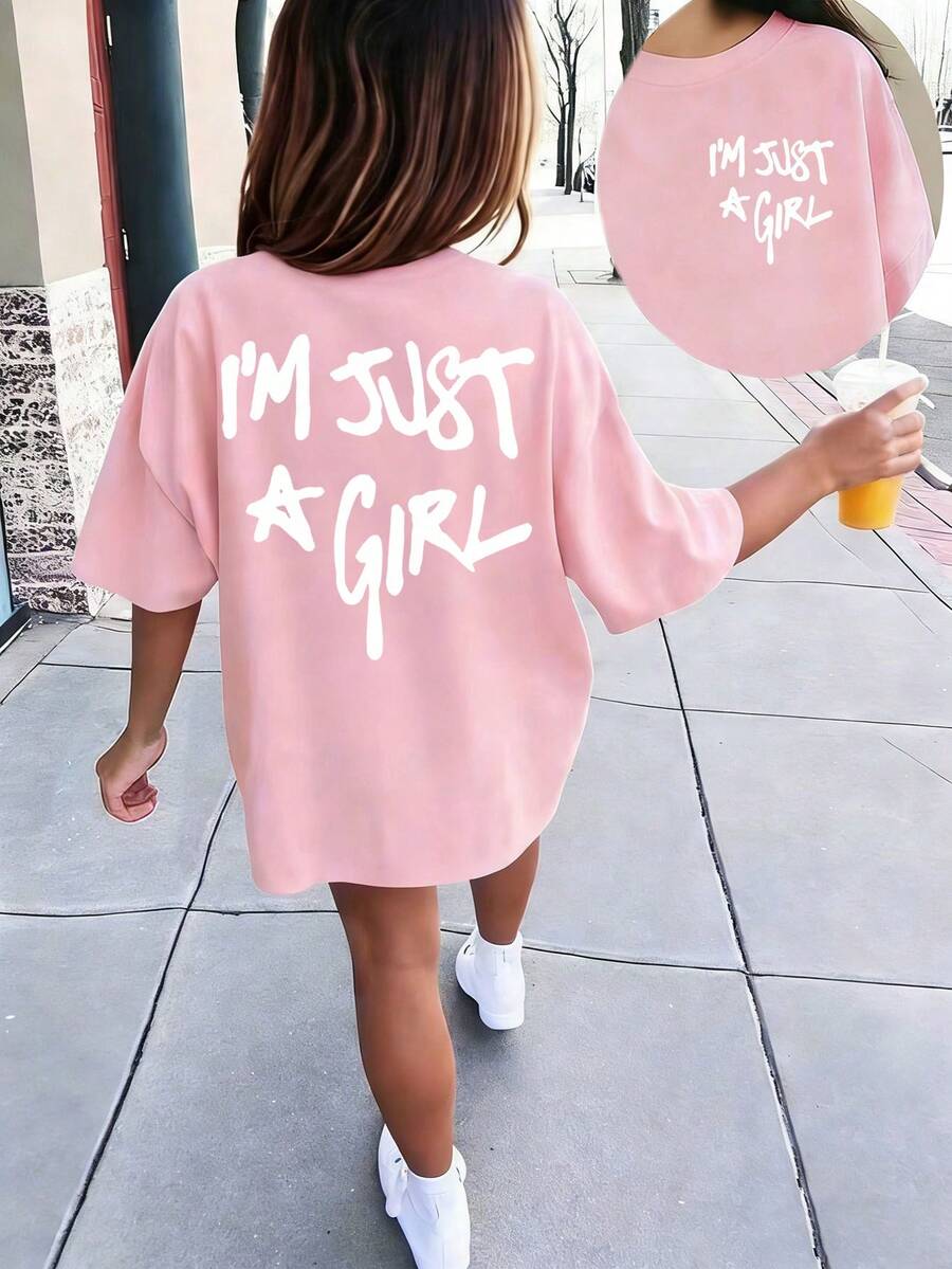 Tween Girl Casual Graphic Print Round Neck Short Sleeve T-Shirt, Summer Top - Pink - View 1