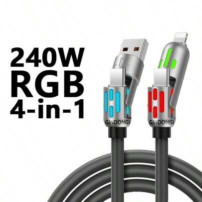 4-In-1 Multi USB Charging Cable (USB A/Type C/Lightning) - Max 240W Fast Charge & Data Sync, Breathing Light For Mobile Phones/Tablets