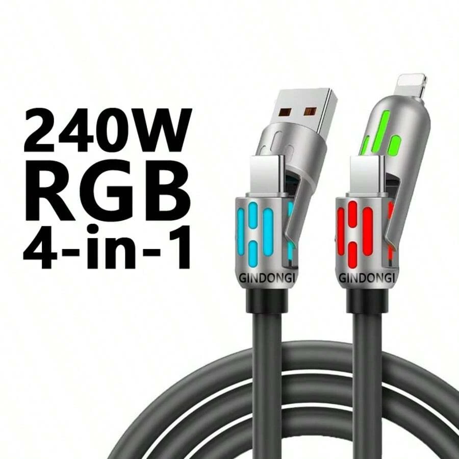 4-In-1 Multi USB Charging Cable (USB A/Type C/Lightning) - Max 240W Fast Charge & Data Sync, Breathing Light For Mobile Phones/Tablets - View 1