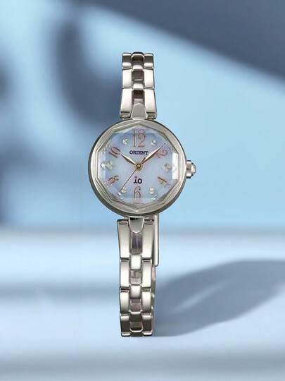 Orient Reloj de moda elegante de esfera pequeña para mujer, banda de metal plateado con diamantes de lujo para uso diario