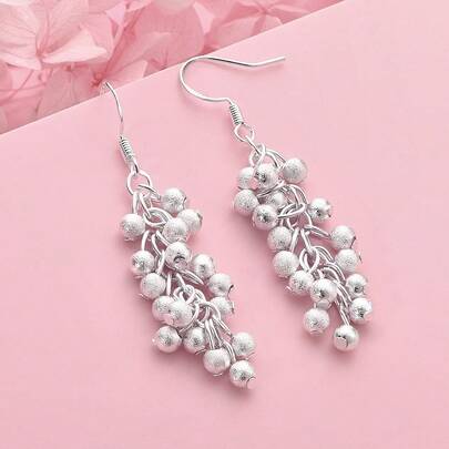 1 Pair 925 Sterling Silver Plated Exquisite Frosted Grape Beaded Earrings For Women, Fashionable And Charming Wedding Party Accessories Gift Jewelry