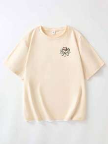 女士休闲圆领字母印花短袖T恤，夏季学生青年装 - 简约英文图案T恤激发想象力和自我表达 - 米色 - 查看 2