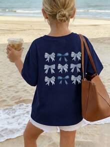 1 chiếc áo thun tay ngắn cổ tròn họa tiết cây xanh thường ngày cho bé gái, khơi dậy trí tưởng tượng và thể hiện bản thân, trang phục mùa hè cho học sinh - Màu xanh hải quân - Xem 2