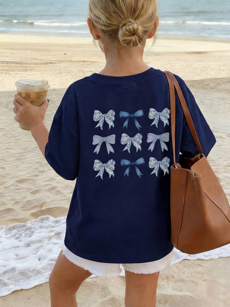 1pc Girls Casual Plant Series Artistic Pattern Round Neck Short Sleeve T-Shirt, Inspiring Imagination And Self-Expression, Summer Student Wear - Navy Blue - View 1