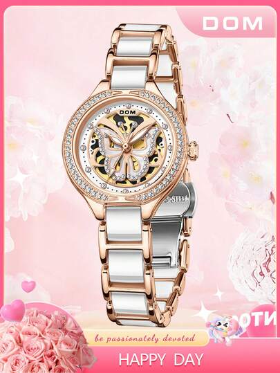 DOM 1pc Elegant Hollow Butterfly Rhinestone Ceramic Quartz Ladies Watch Set, Graceful Women's Watch, Imported Quartz Automatic Movement, Long-Lasting Battery, Suitable For Wedding, Gift For Her, And Daily Wear