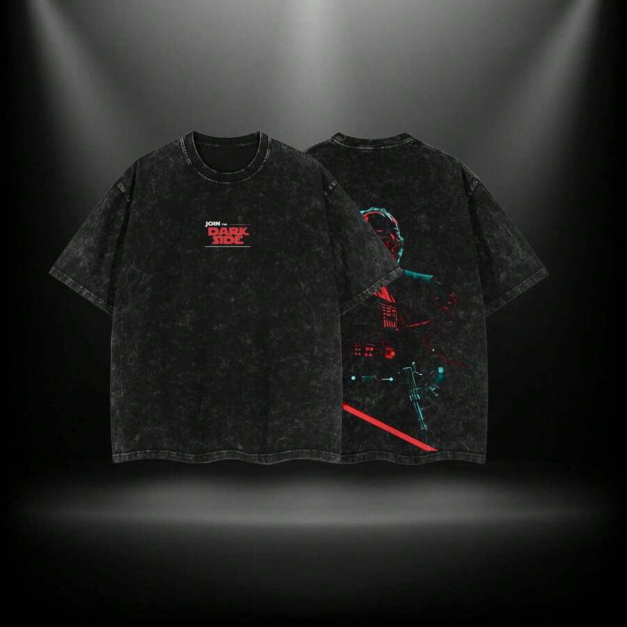 Únete al Lado Oscuro - Battlefront 3 Camiseta de Gran Tamaño con Doble Estampado, Ligera, Lavada al Ácido, Camiseta con Gráficos de Programas de TV, Camiseta de Algodón para Regalo para Amantes de Cómics, Camiseta de Regalo para Amantes de Películas, Camiseta de Corte Regular para Hombre con Estampado Floral, Ropa Urbana - Negro - Ver 1