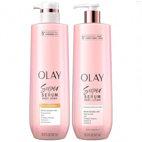  Olay Super Serum Body Wash + Hand & Body Lotion Bundle For Dry Skin, 24hr Long Lasting Hydration, 5+ Ingredient Serum Complex For Luminous Skin, 18.5 Fl Oz (Pack Of 2)