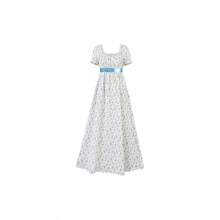 Regency Dress Women Long Floral Print Short Puff Sleeve Empire Waist Maxi Dress Vintage Inspired Costume - 中號 + 白色 - 查看 1