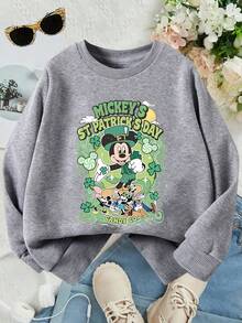 This Disney Girls' Sweatshirt Features A Creative St. Patrick's Day Themed Mickey Mouse Print. It's A Soft And Comfortable Crew Neck Sweatshirt Perfect For Autumn And Winter, Suitable For Everyday Wear, Shopping, School, And Casual Occasions. It Also Makes A Wonderful Gift. - Xám - Xem 1
