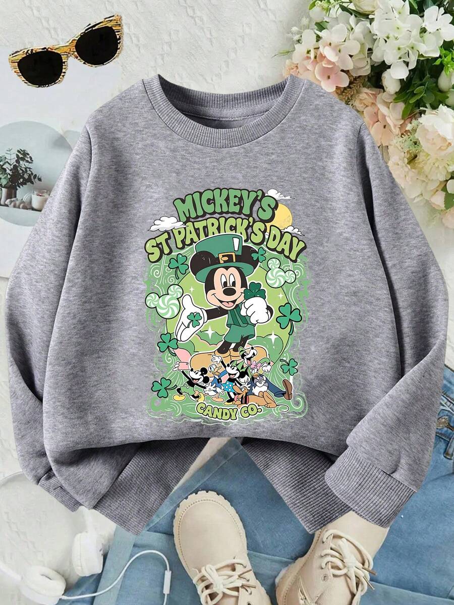 This Disney Girls' Sweatshirt Features A Creative St. Patrick's Day Themed Mickey Mouse Print. It's A Soft And Comfortable Crew Neck Sweatshirt Perfect For Autumn And Winter, Suitable For Everyday Wear, Shopping, School, And Casual Occasions. It Also Makes A Wonderful Gift. - Xám - Xem 1