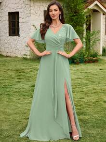 MIUSOL V领亮片花卉蕾丝拼接雪纺荷叶袖侧开衩长款晚礼服 春季婚礼 - 薄荷綠 - 查看 6