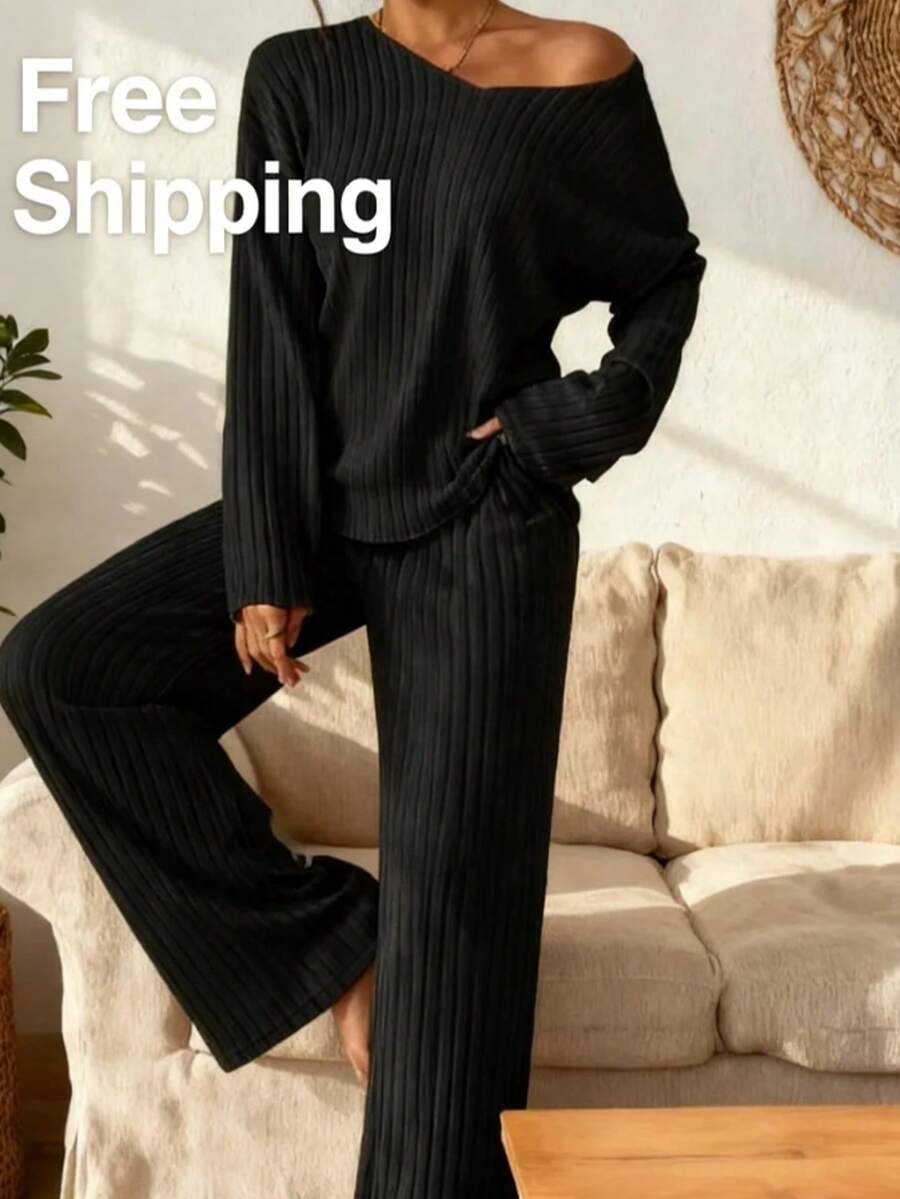 Women's Spring &Fall&Winter 2-Piece Lounge Outfit:Long Sleeve Top & Wide-Leg Pants; Spring Clothes For Women, Office & Daily Outfit;Two Piece Set Women - 黑色 - 查看 1