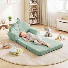 Fold-Out Kids Sofa 2-In-1 Convertible Toddler Couch & Lounger With Non-Slip Base Beige/Green/Pink - 綠色 - 查看 2