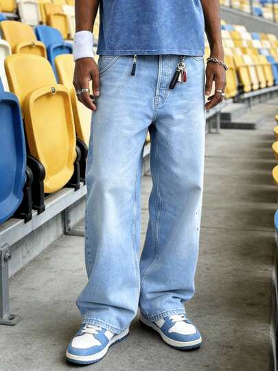 EVRINFINITE 男士浅蓝色水洗复古街头风格宽松直筒牛仔裤，Emo 风格