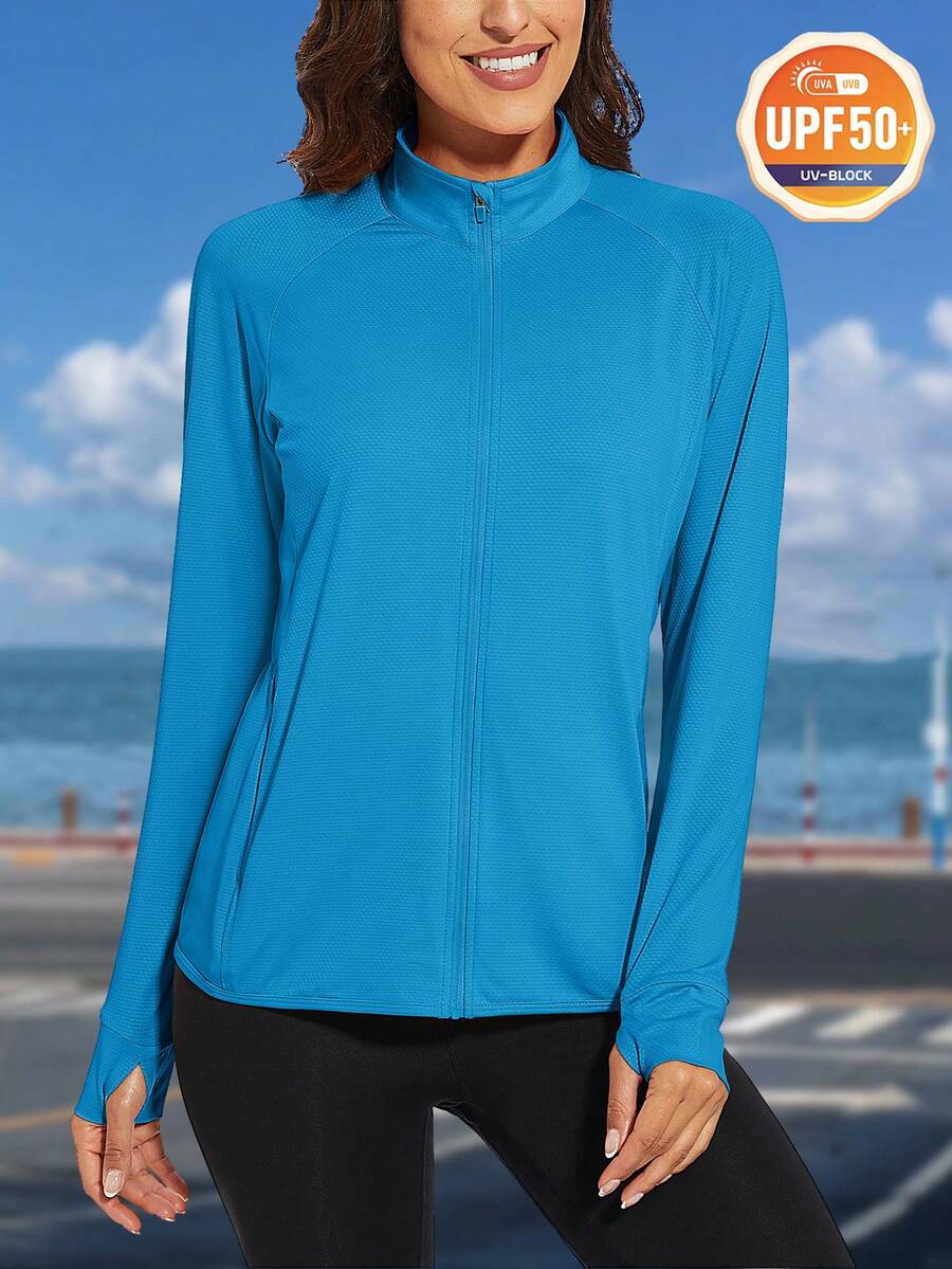 女士 UPF 50+ 轻便运动夹克 防晒 全拉链长袖衬衫 远足户外口袋