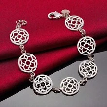 Pulsera de cadena con flor redonda plateada en plata de ley 925 para mujeres, joyería para boda, compromiso y fiesta - Plateado - Ver 3