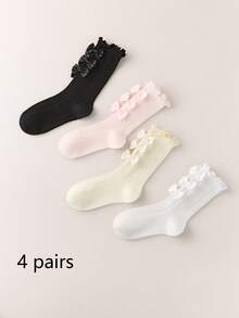 4双装女童透气网眼中筒袜，甜美蝴蝶结公主洛丽塔荷叶边装饰休闲学生袜，春夏款 - 彩色 - 查看 10